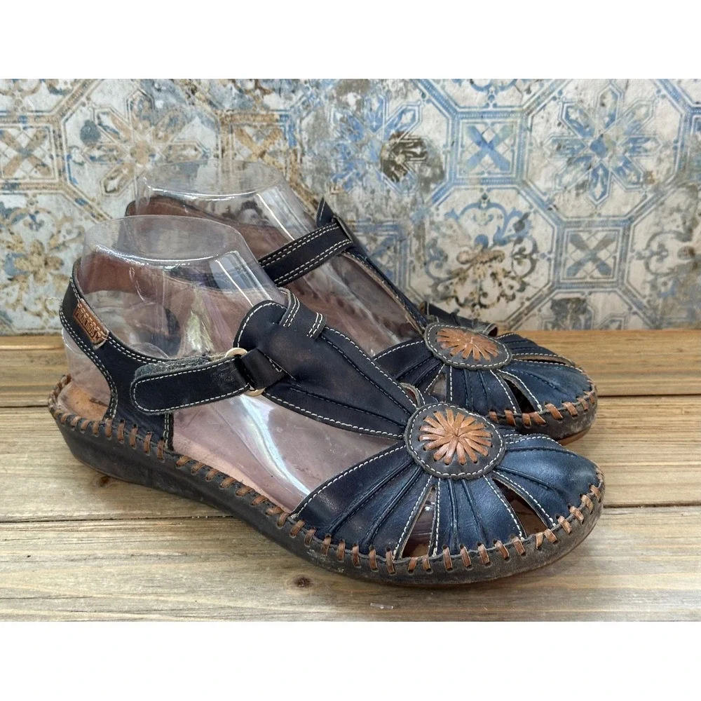 Pikolinos T-Strap Whipstitch Leather Wedge Sandals Womens 38 / 7.5 Black Shoes